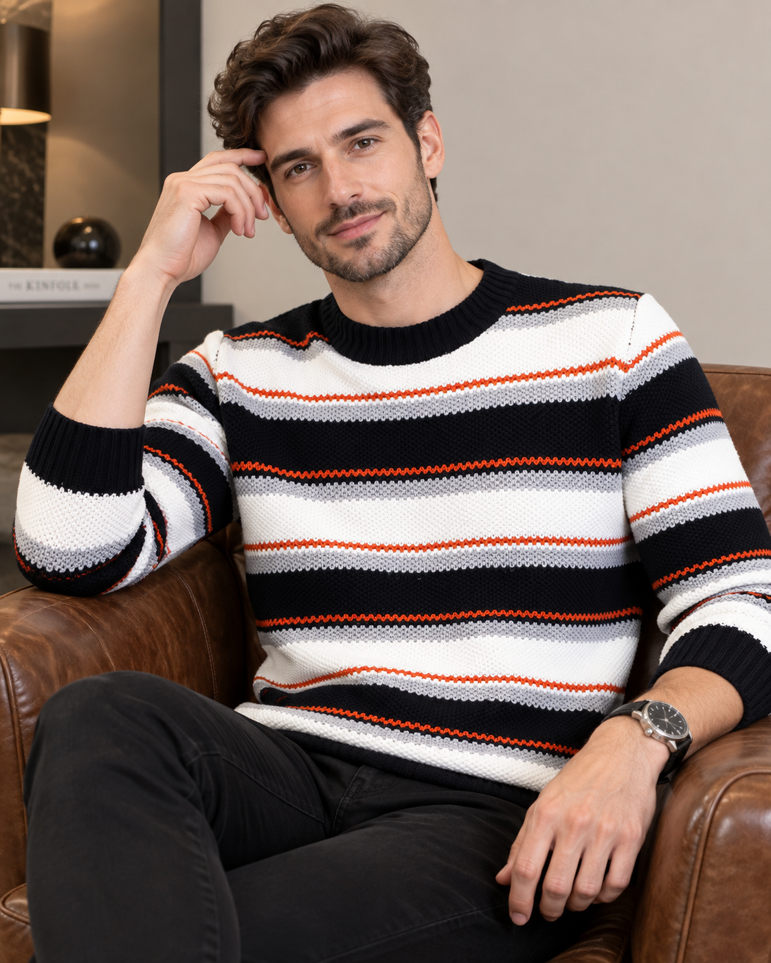 Pull homme rayé en maille - Noir