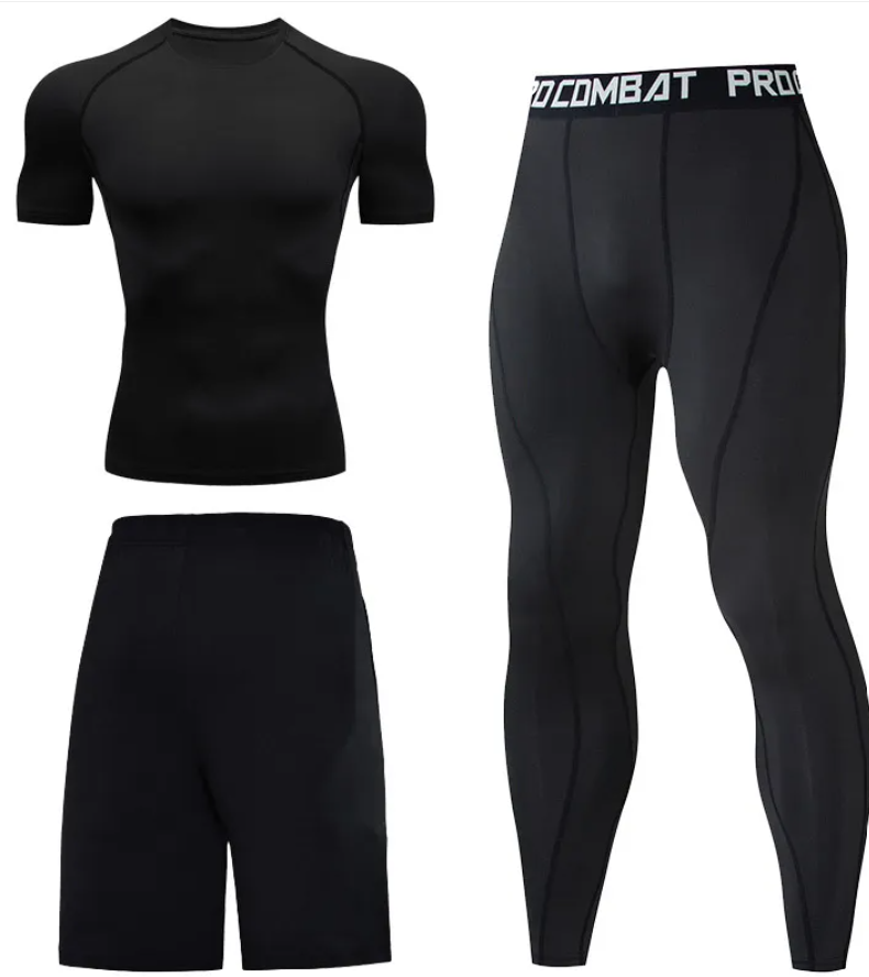 Style 1 - ensemble de compression homme 3 pièces noir manches courtes