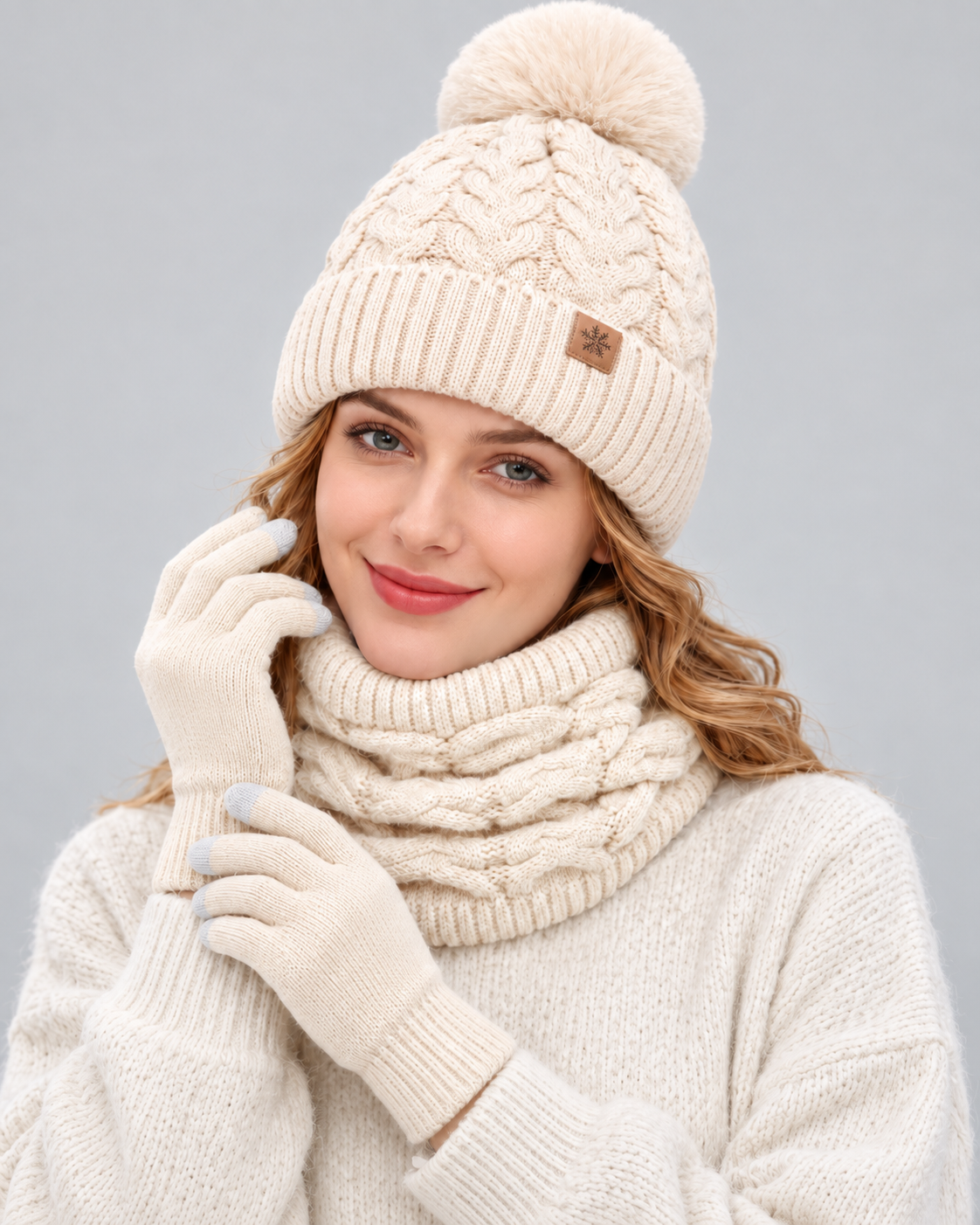 Ensemble hiver femme 3 pièces beige porté par un mannequin