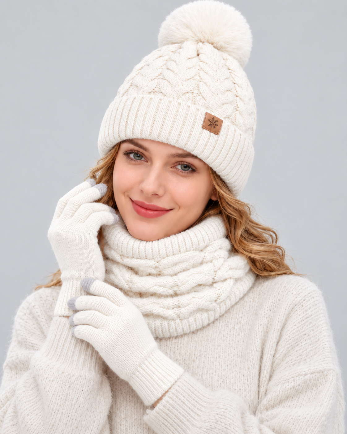 Ensemble hiver femme 3 pièces blanc porté par un mannequin