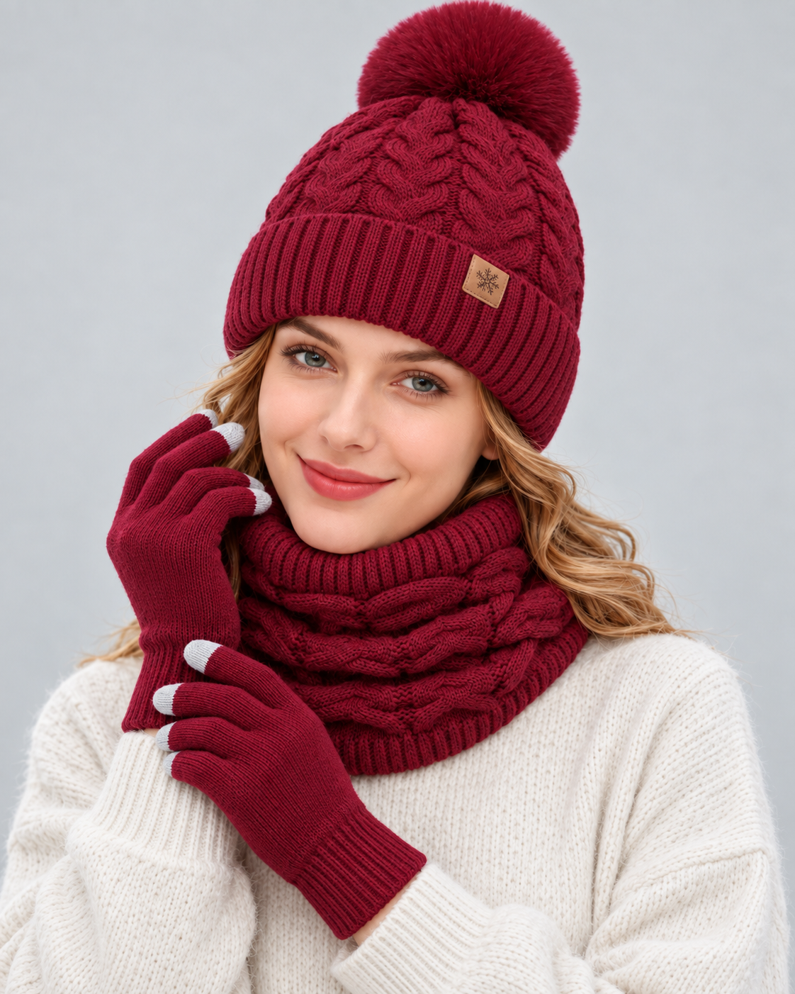 Ensemble hiver femme 3 pièces bordeaux porté par un mannequin