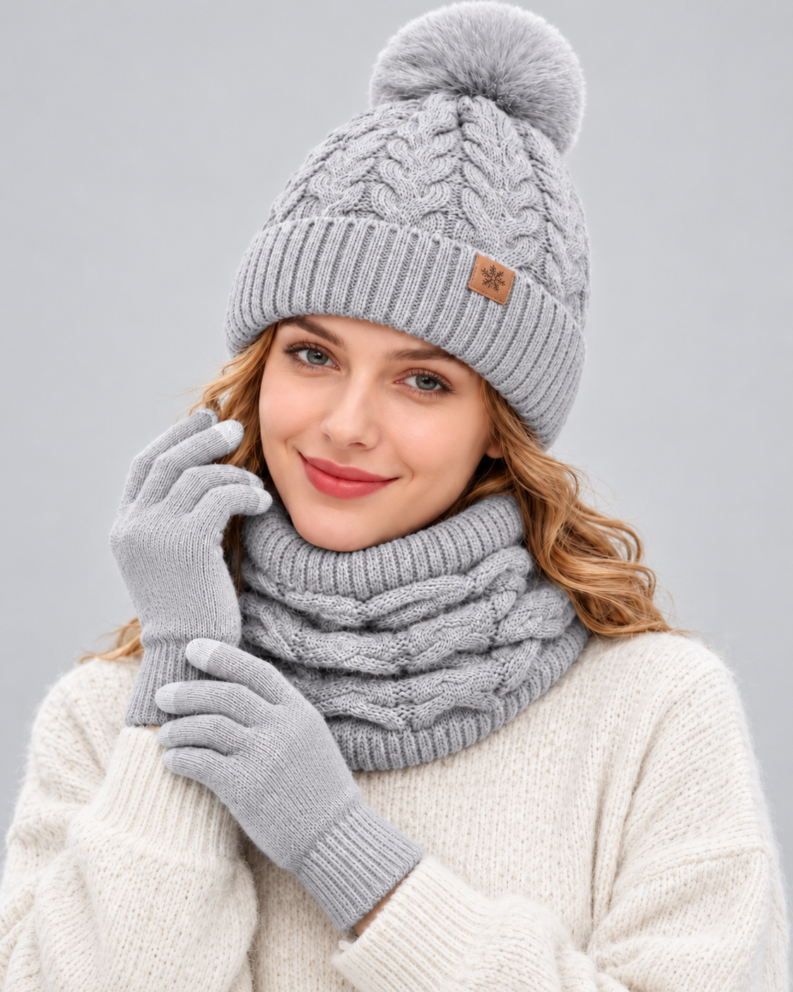 Ensemble hiver femme 3 pièces gris porté par un mannequin